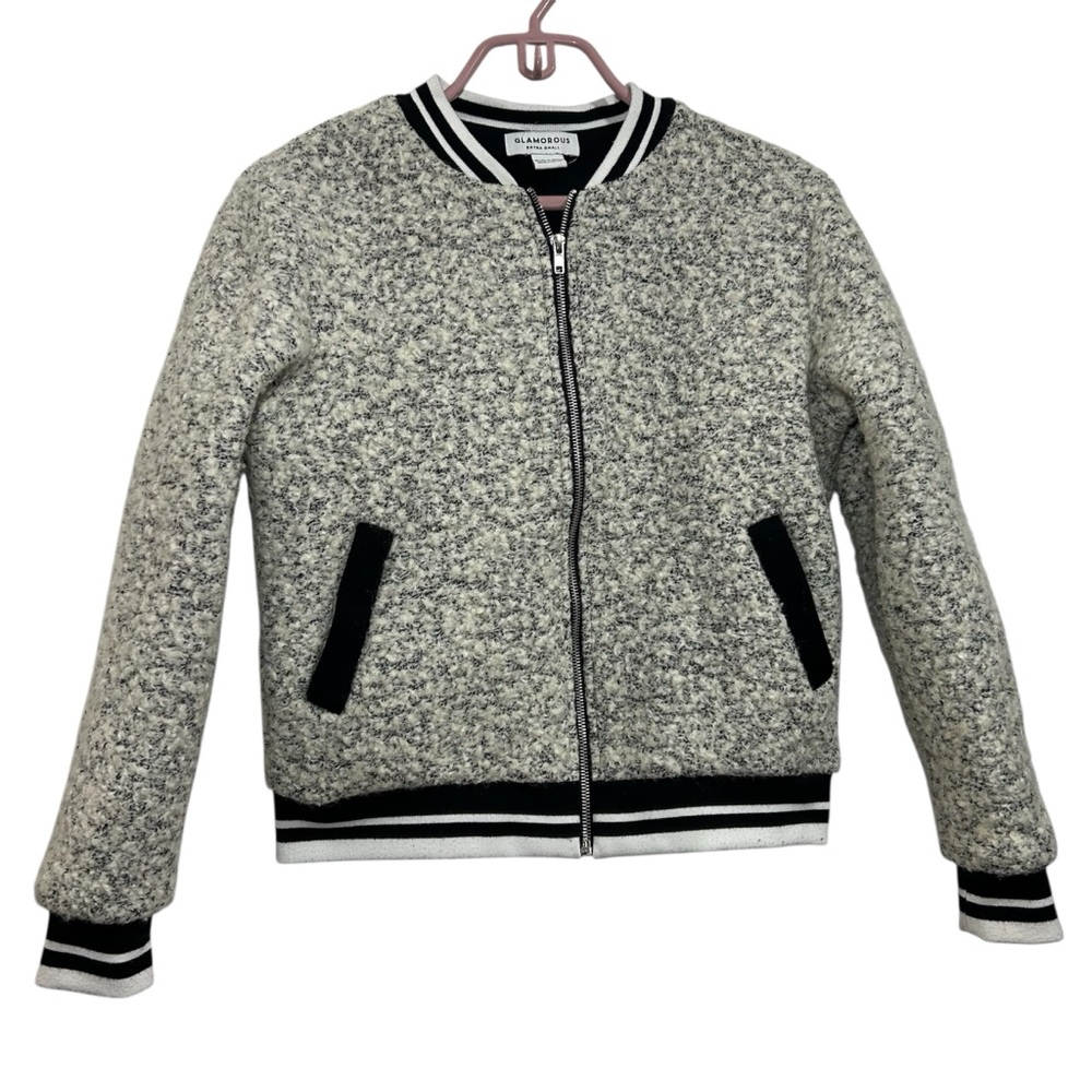 Glamorous XS Gray Textured Boucle Cashmere Blend Stripe Trim Bomber Jacket